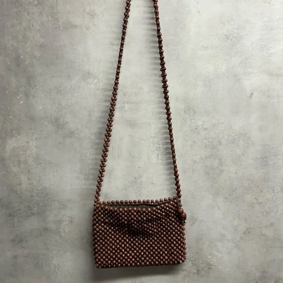 Classiques Entier‎ Wooden Beaded Small Purse Bag Brown Crossbody Boho Zip - Picture 3 of 12